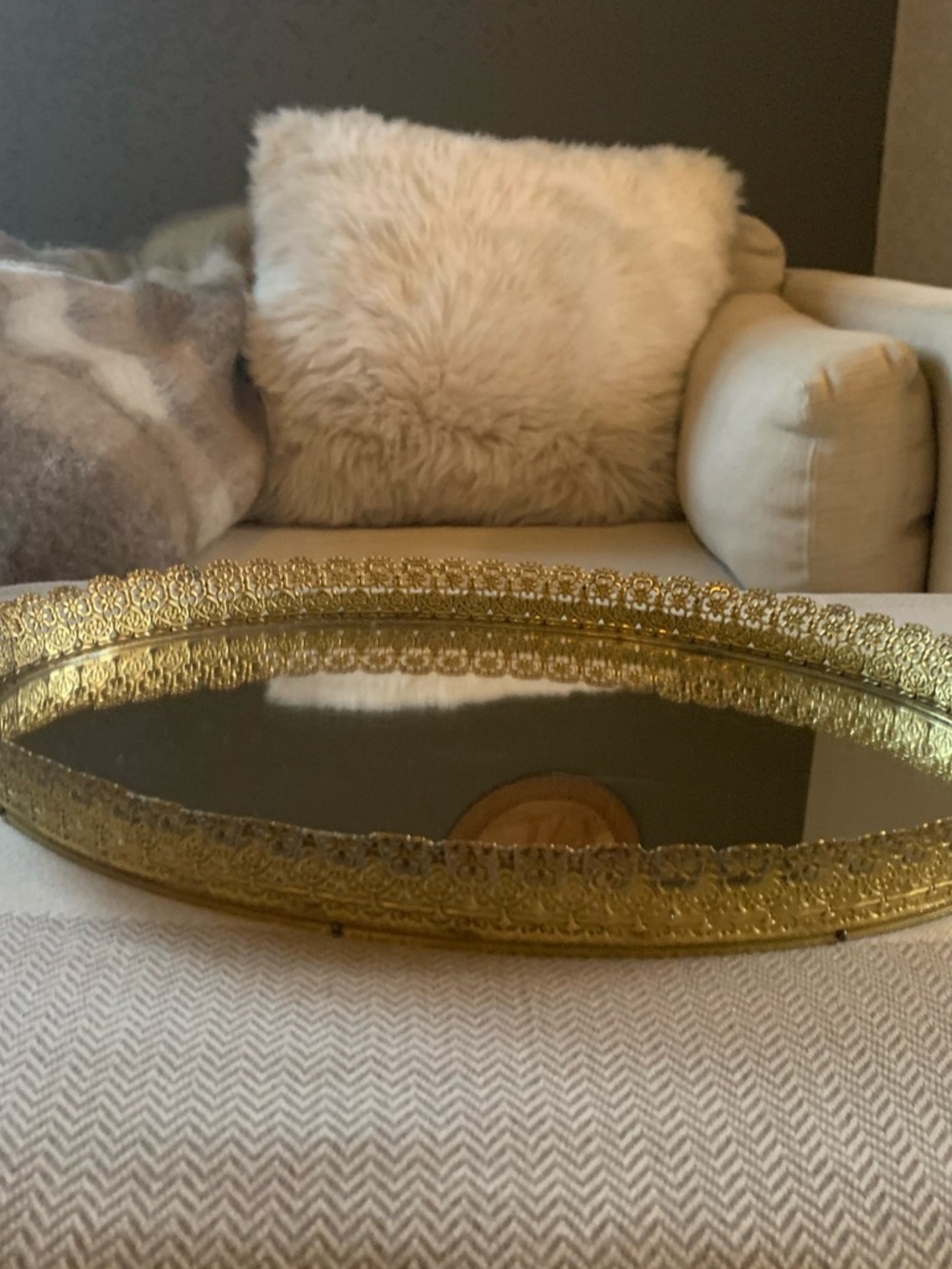 Vintage Extra Large Oval Gold Mirrored Vanity Tray 17”x 13”
